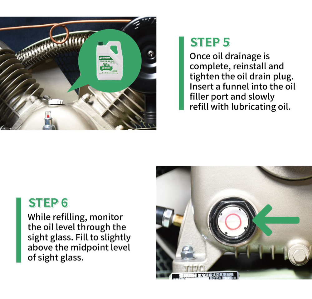 Oil sight glass installation on SWAN reciprocating air compressor
