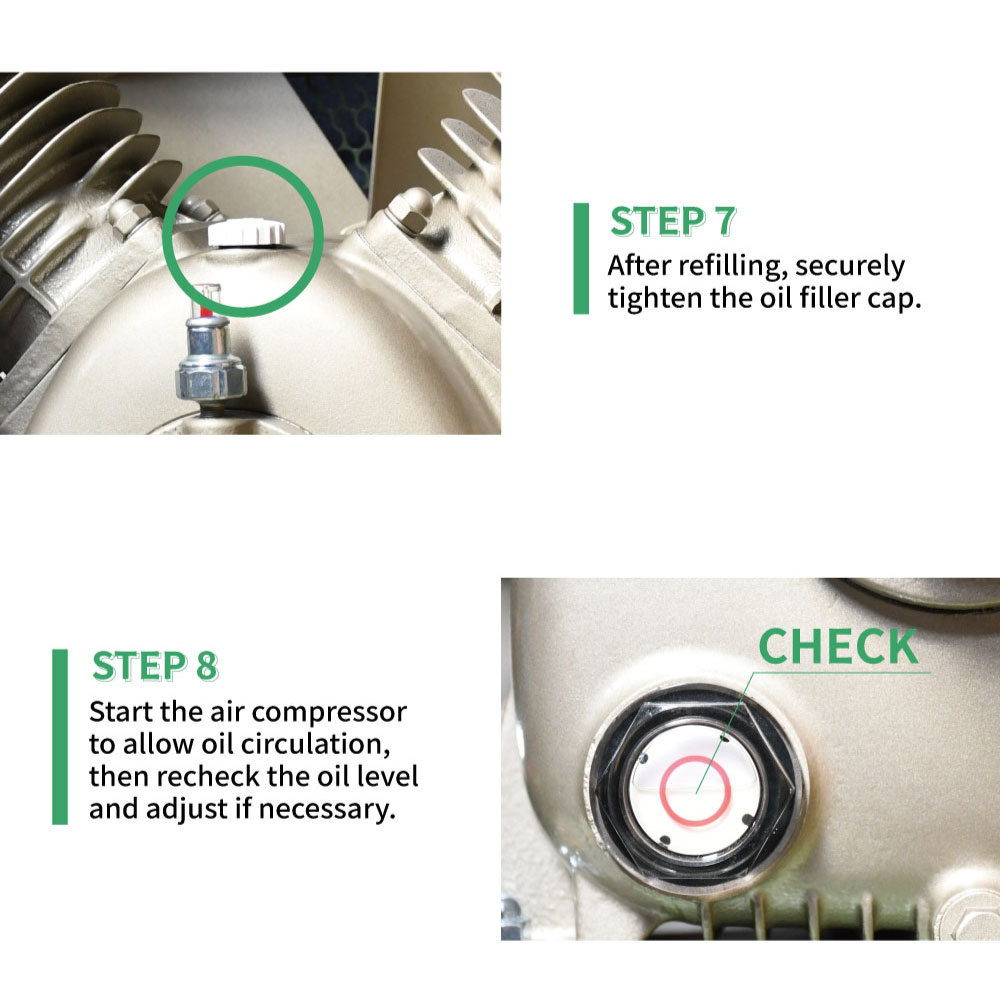 Lubricating oil refill procedure for SWAN reciprocating air compressor